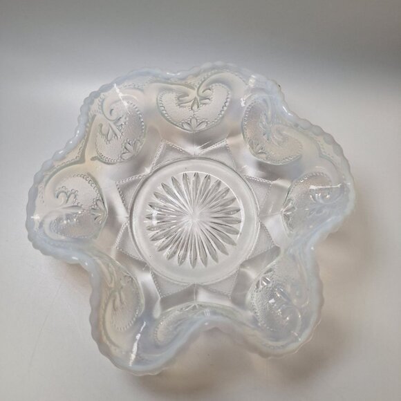 Vintage Opalescent Glass Ruffled Edge Bowl 6 Inch Scroll Depression Style Serve - Picture 3 of 5